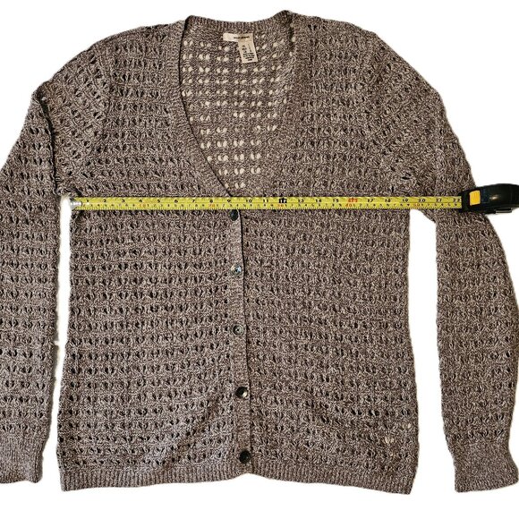 DKNY Button Front Knit Crocheted Cardigan Long Sleeve Taupe Sweater Size Large - Picture 3 of 7